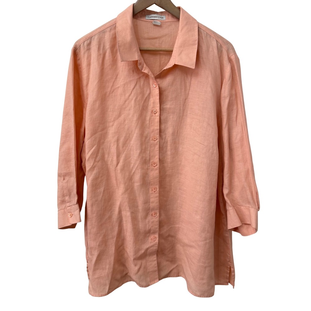 Coldwater Creek Button Down Shirt 2X Peach 100% Linen 3/4 Sleeve Tunic